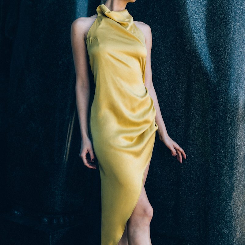 Thumbnail of Silk Side Split Hem Dress - Yellow & Orange image