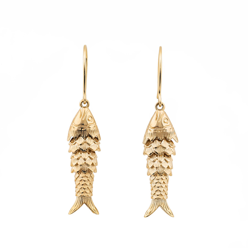 Articulated Gold Fish Dangle Drop Long Earrings oanasavu