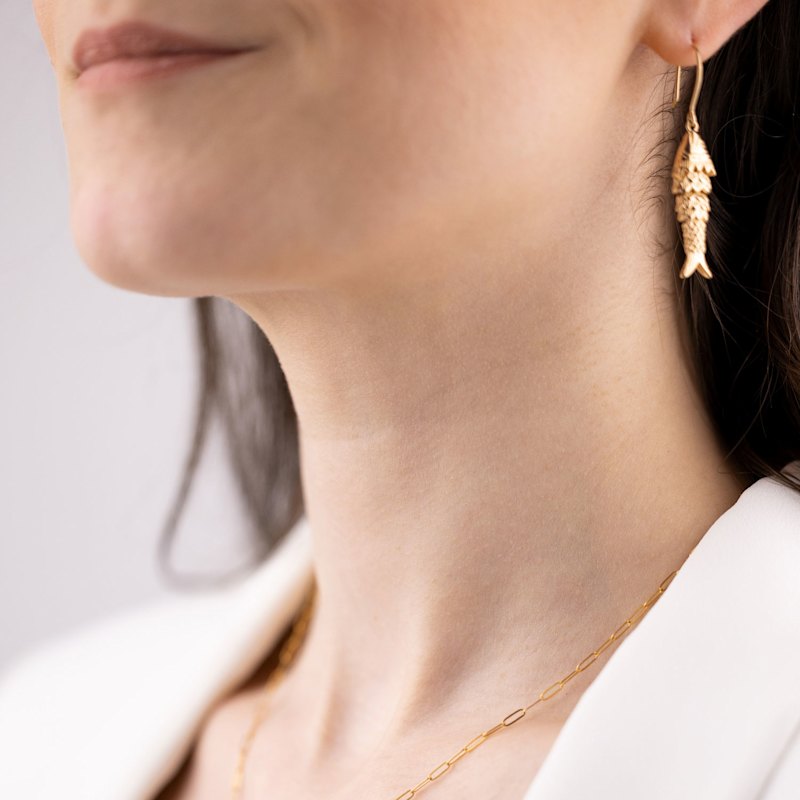 Thumbnail of Articulated Gold Fish Dangle Drop Long Earrings image