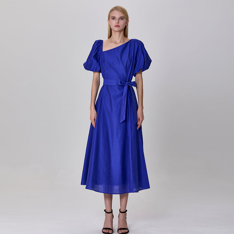 Thumbnail of Fit-And-Flare Asymmetric Collar Dress -Blue image