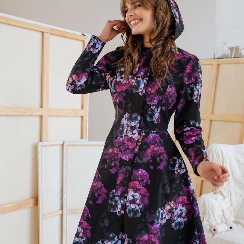 Fit And Flare Black Waterproof Coat With Hydrangea Pattern