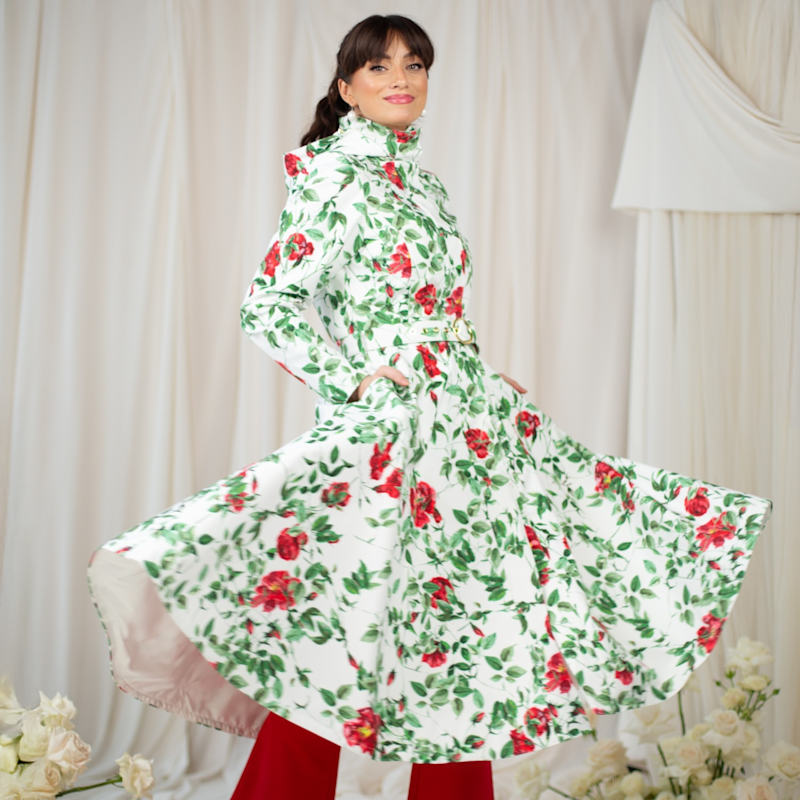 Fit Flare Coat With A-Line Skirt In White: Charming Rose by RainSisters