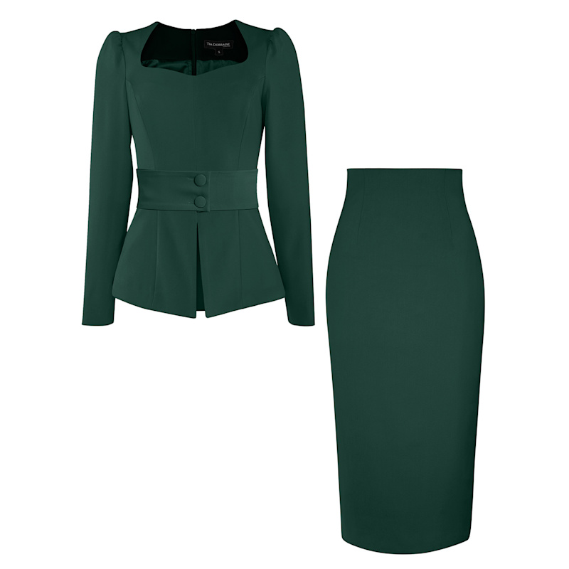 Fitted Blouse Pencil Skirt Set Dark Green by Tia Dorraine