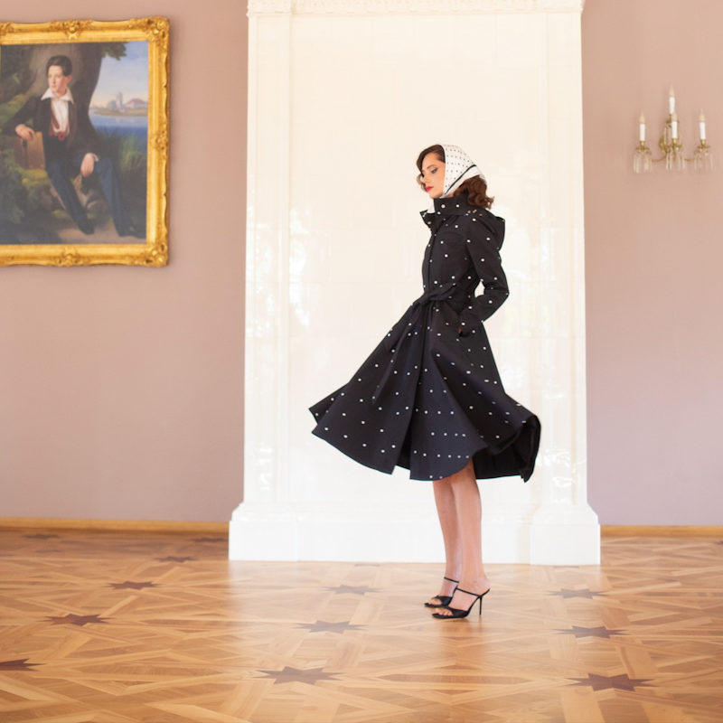 Thumbnail of Fitted & Flared Black Coat With Detachable Hood: Timeless Polka Dots image