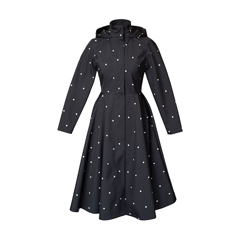 Fitted Flared Black Coat With Detachable Hood: Timeless Polka