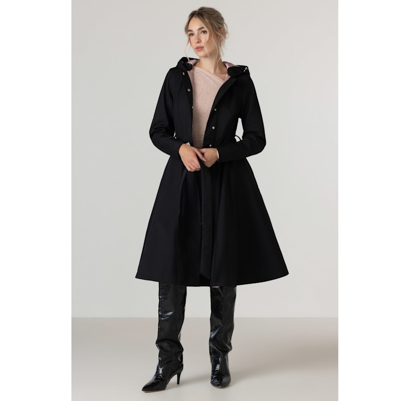 Thumbnail of Fitted & Flared Black Waterproof Coat With Hood: Midnight Black image