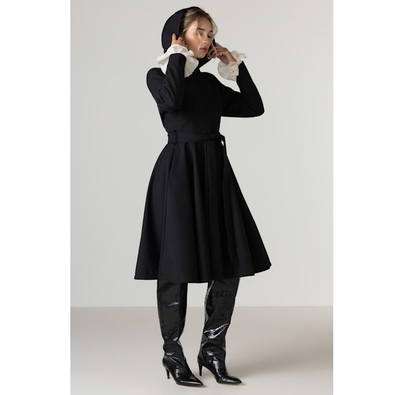 Thumbnail of Fitted & Flared Black Waterproof Coat With Hood: Midnight Black image