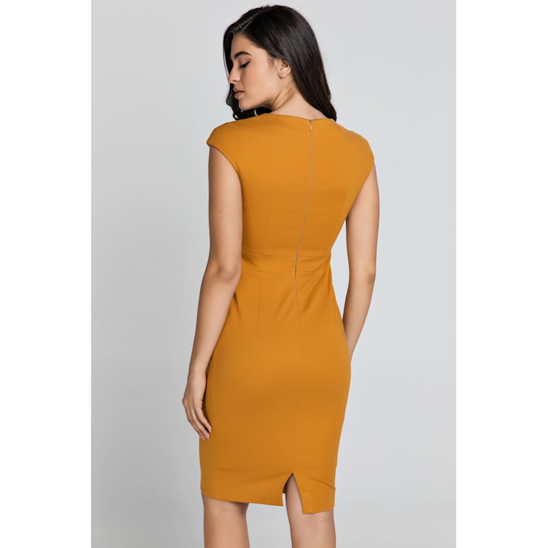 mustard knee length dress Fitted With Cap Sleeves | Conquista gold cocktail dress