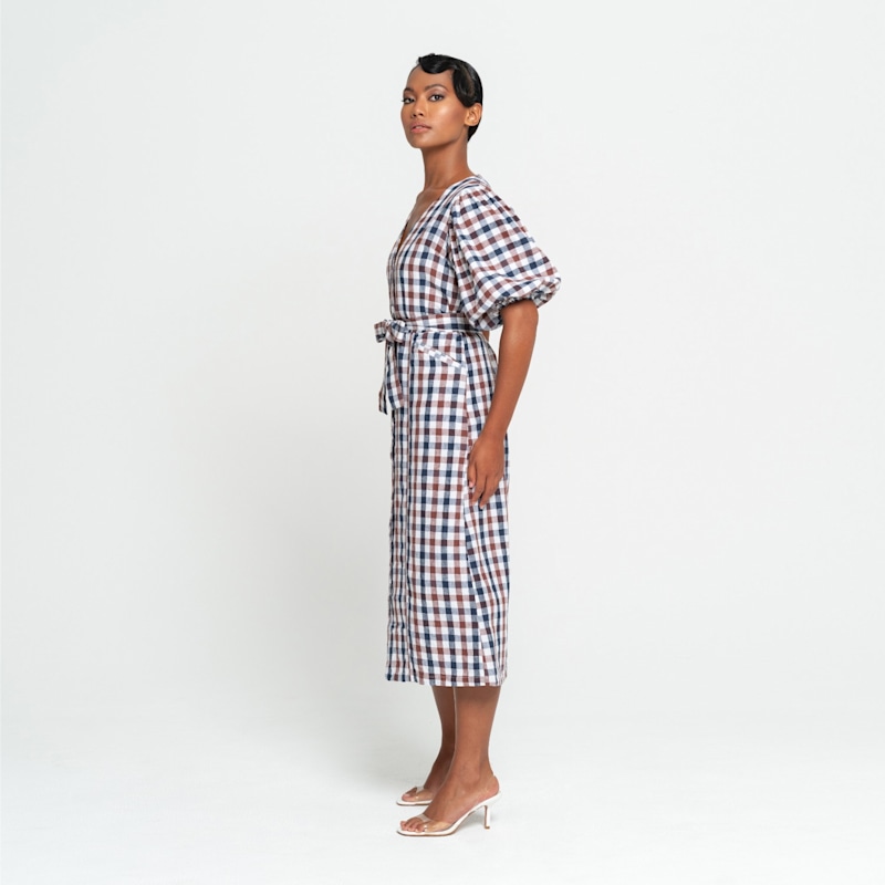 Meghan Gingham Linen Midi Dress - Brown | Brunna.Co | Wolf & Badger