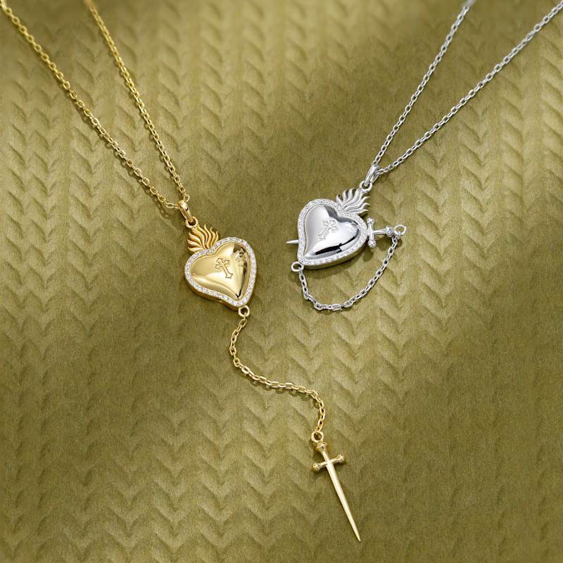 Thumbnail of Flaming Heart With Dagger Necklace In Silver image