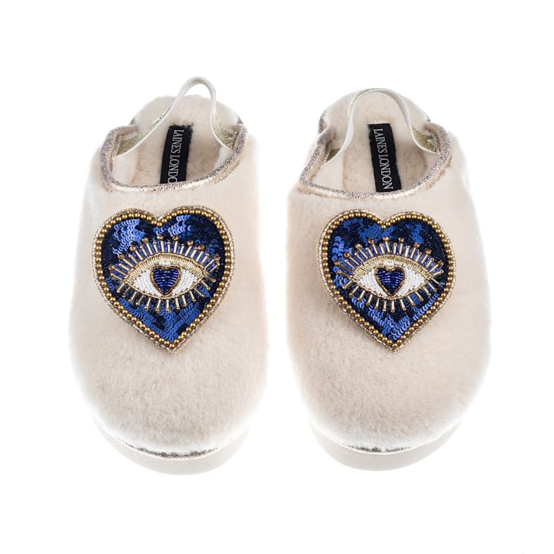 Thumbnail of Flatform Cloud Closed Toe Slippers With Double Blue Heart Eye Brooches - Cream image