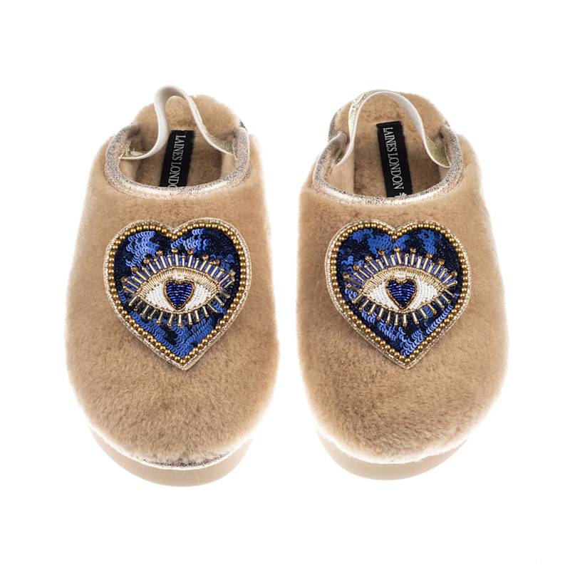 Thumbnail of Flatform Cloud Closed Toe Slippers With Double Blue Heart Eye Brooches - Toffee image