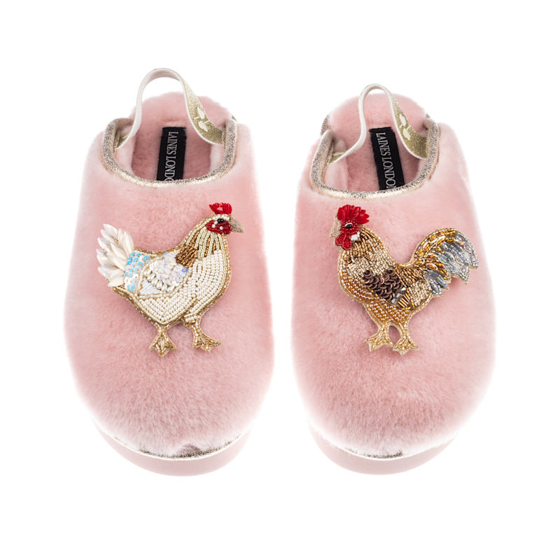 Thumbnail of Flatform Cloud Closed Toe Slippers With Chicken & Rooster Brooches - Dusky Pink image