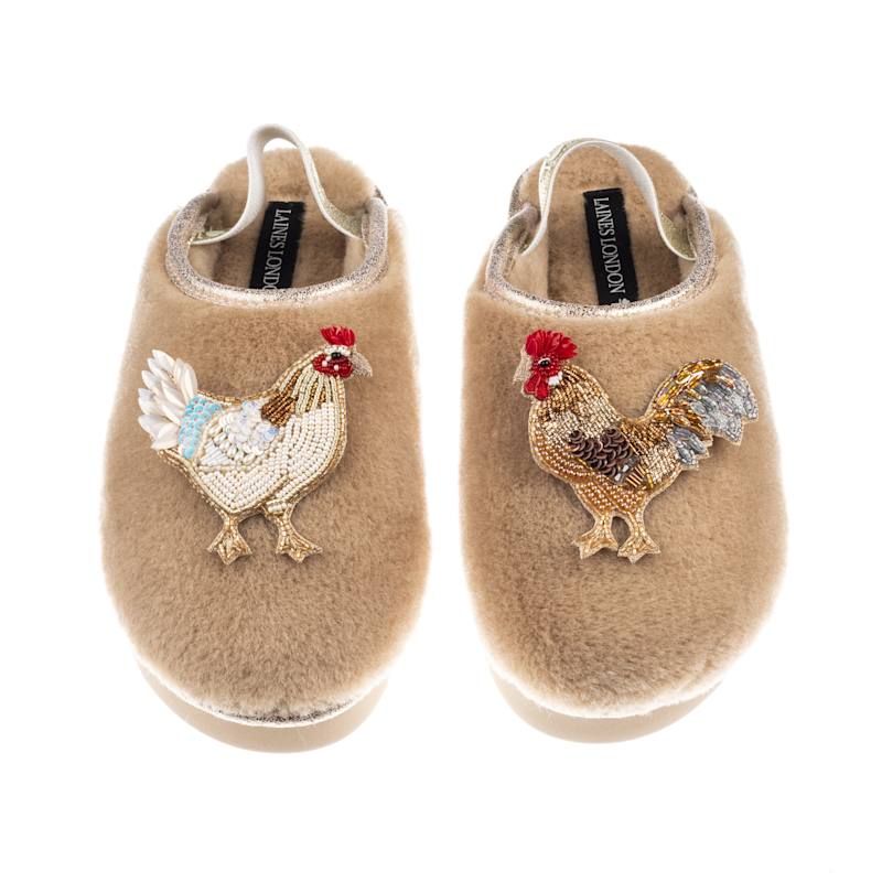 Thumbnail of Flatform Cloud Closed Toe Slippers With Chicken & Rooster Brooches - Toffee image