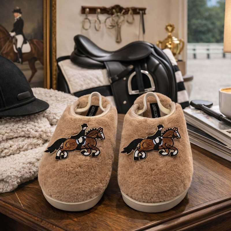 Thumbnail of Flatform Cloud Slippers With Dressage Horse Brooches - Toffee image