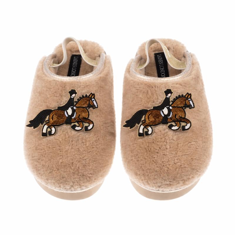 Thumbnail of Flatform Cloud Slippers With Dressage Horse Brooches - Toffee image