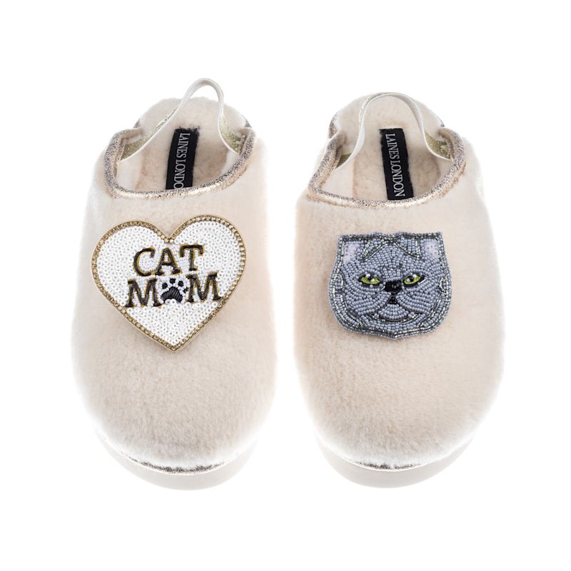 Thumbnail of Flatform Cloud Slippers With Grey Persian Cat & Cat Mum / Mom Brooches - Cream image