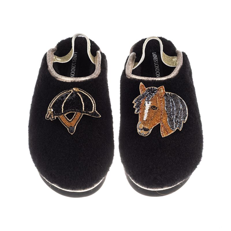 Thumbnail of Flatform Cloud Closed Toe Slippers With Riding Hat & Horse Brooches - Black image