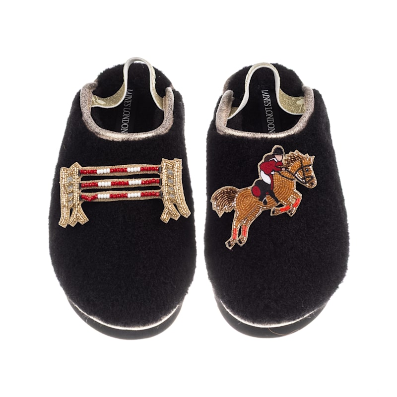 Thumbnail of Flatform Cloud Closed Toe Slippers With Show Jump Horse Brooches - Black image