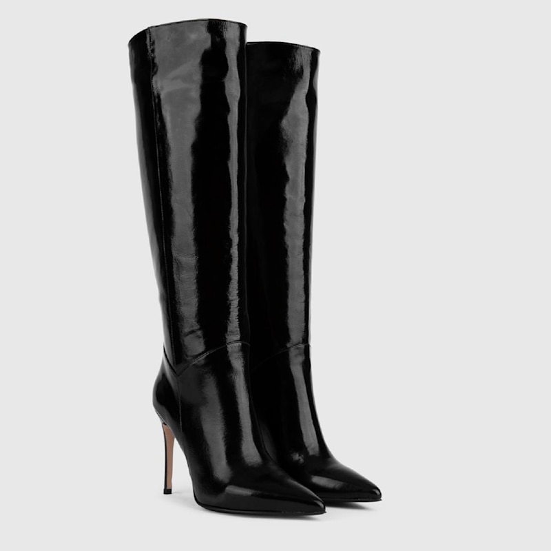 Thumbnail of Flin Black Wrinkled Patent Leather Women's Heeled High Boot image