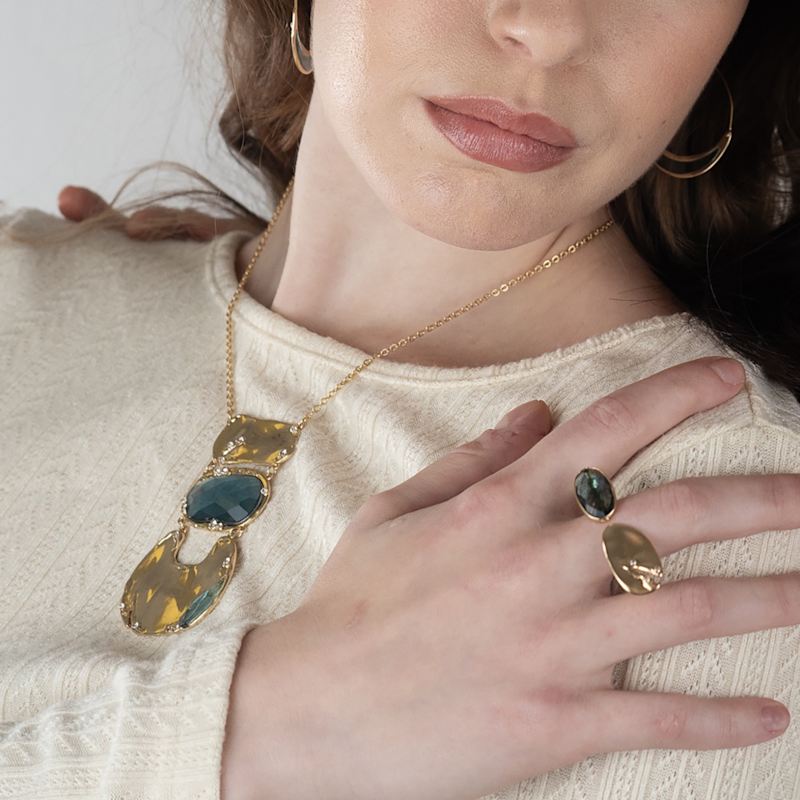 Thumbnail of Blue Glass Statement Ring | Gold Open Band Ring image