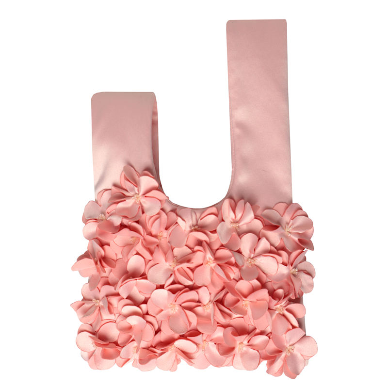 Thumbnail of Flora Three Dimensional Florals Hand Embellished Satin Wristlet Mini Pouch Pearl Pink image