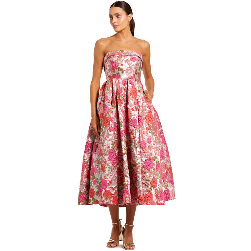 chinese dress ladies Nicole Bakti 6782 - Strapless Jacquard A-Line Midi Dress 4 / Gold main image 0