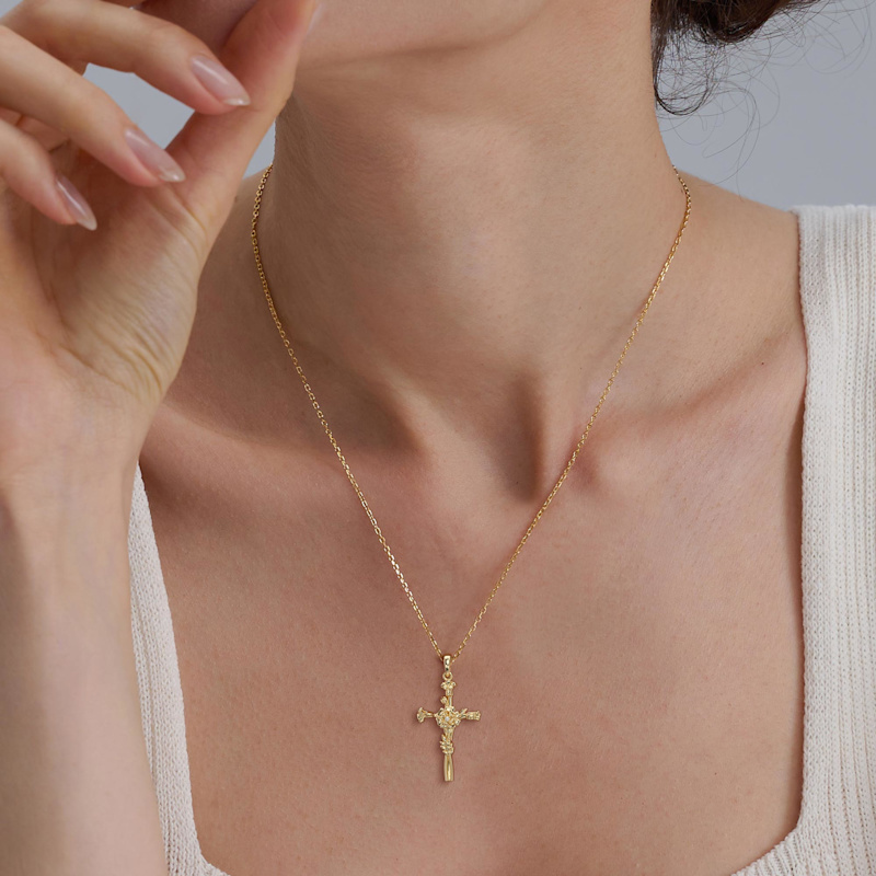 Thumbnail of Floral Cross October Marigold Birth Flower Necklace image