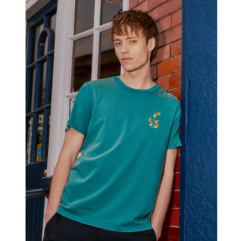 Thumbnail of Floral Embroidered Organic Cotton T-Shirt Teal Men image