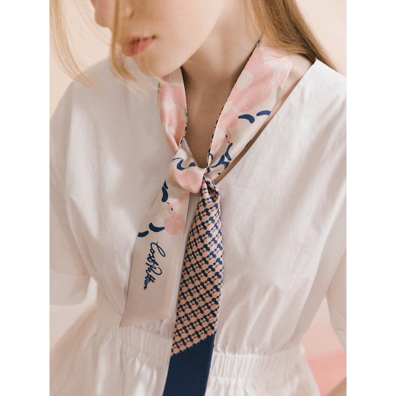 Thumbnail of "Floral Houndstooth" Silk Skinny Scarf - Blue image