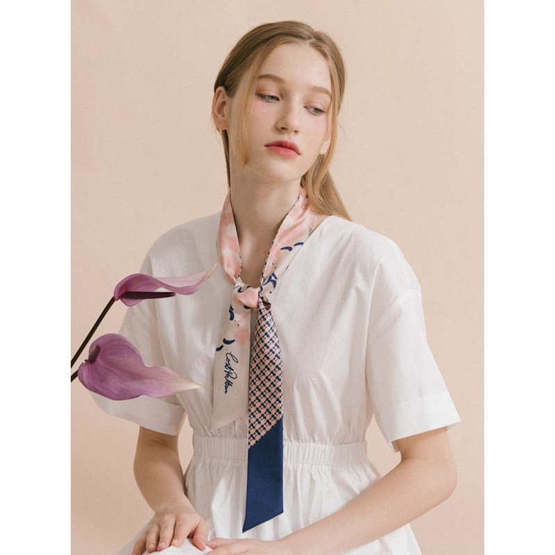 Thumbnail of "Floral Houndstooth" Silk Skinny Scarf - Blue image