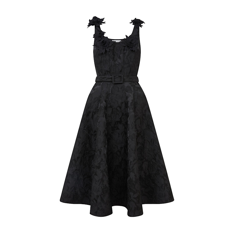 Sour Figs Floral Jacquard Fit And Flare Midi Dress - Black