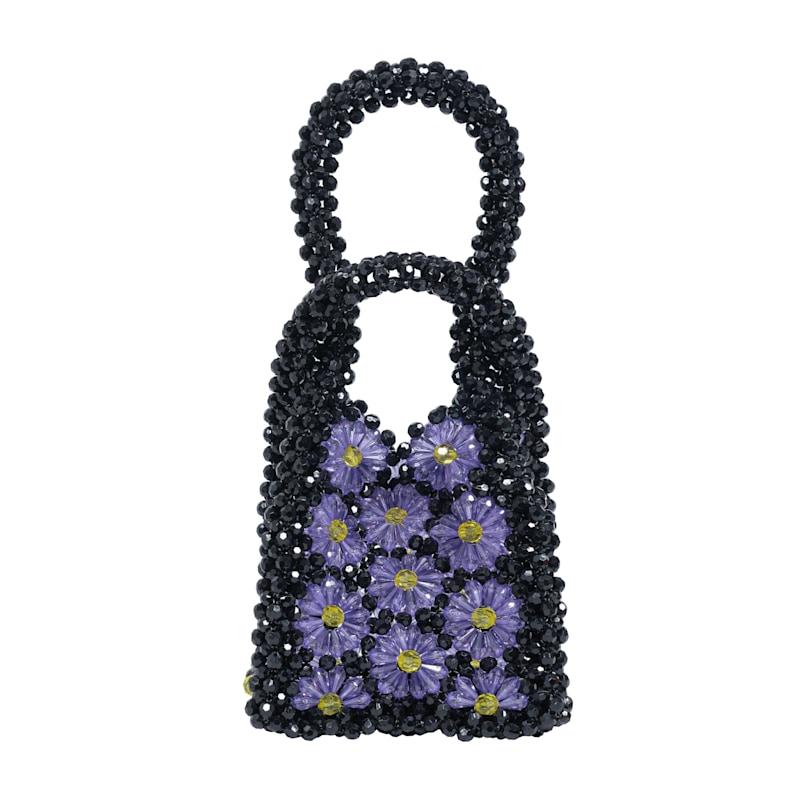 Purple Daisy Floral Mini Black Bead Bag | Tillie Beads  Purple flower mini bag. main image 0