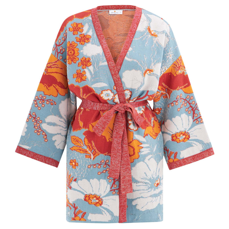 Floral Pattern Shimmer Detailed Short Knit Kimono - Orange