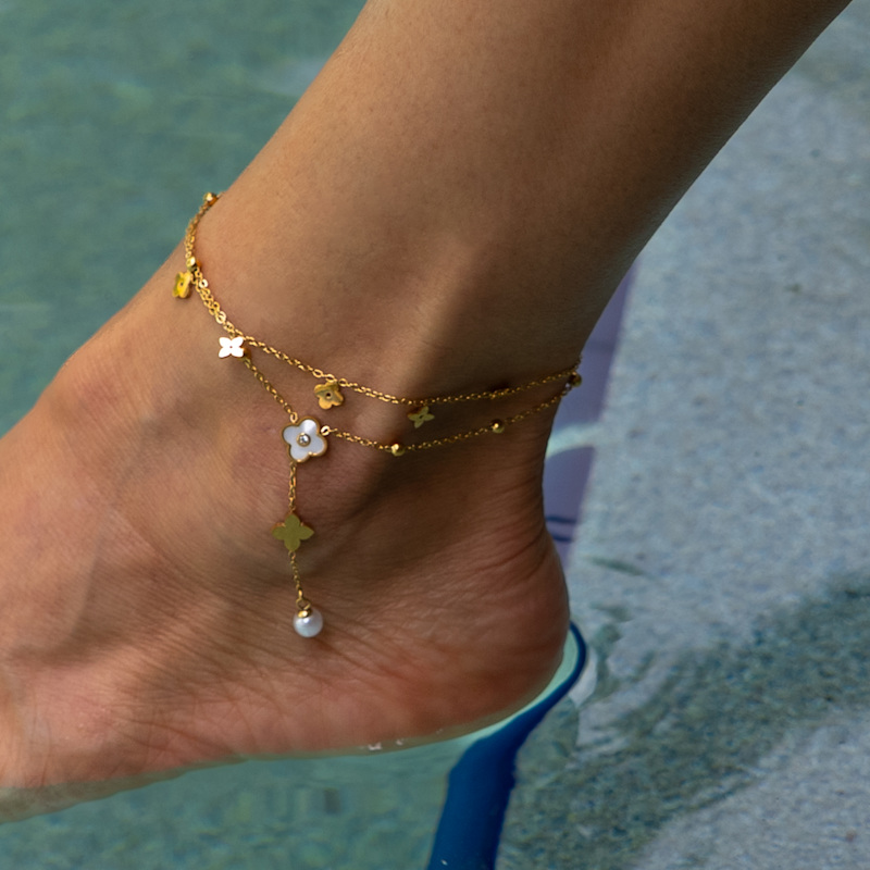 Thumbnail of Floral Pearl Charm Gold Anklet - Gold image