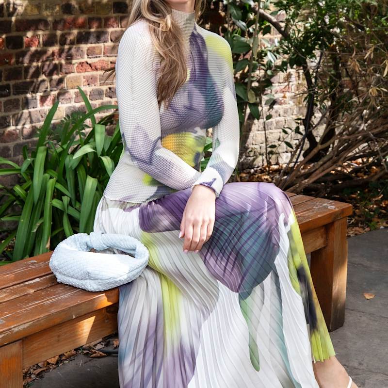 Thumbnail of Floral Print Full Pleated Printed Top And Midi Skirt Co-Ords Set In White image