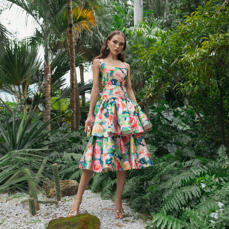 Floral Tiered Square Neck Midi Dress | Mac Duggal | Wolf & Badger