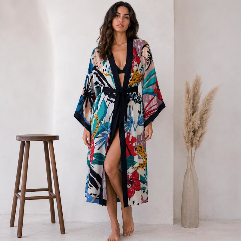 Thumbnail of Flour Artistic Print Silky Satin Kimono image