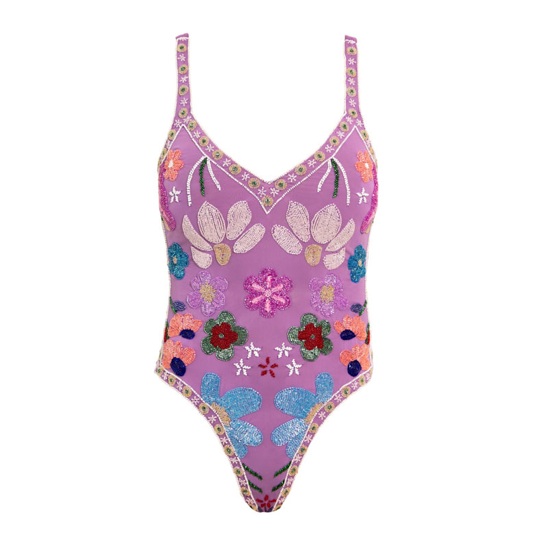 Thumbnail of Flower Hand-Beaded Embellished One-Piece Swimsuit- Purple image
