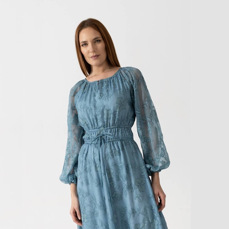 Thumbnail of Flowing Midi Dress In Blue-Green With Floral Embroidery image