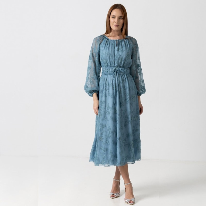 Thumbnail of Flowing Midi Dress In Blue-Green With Floral Embroidery image