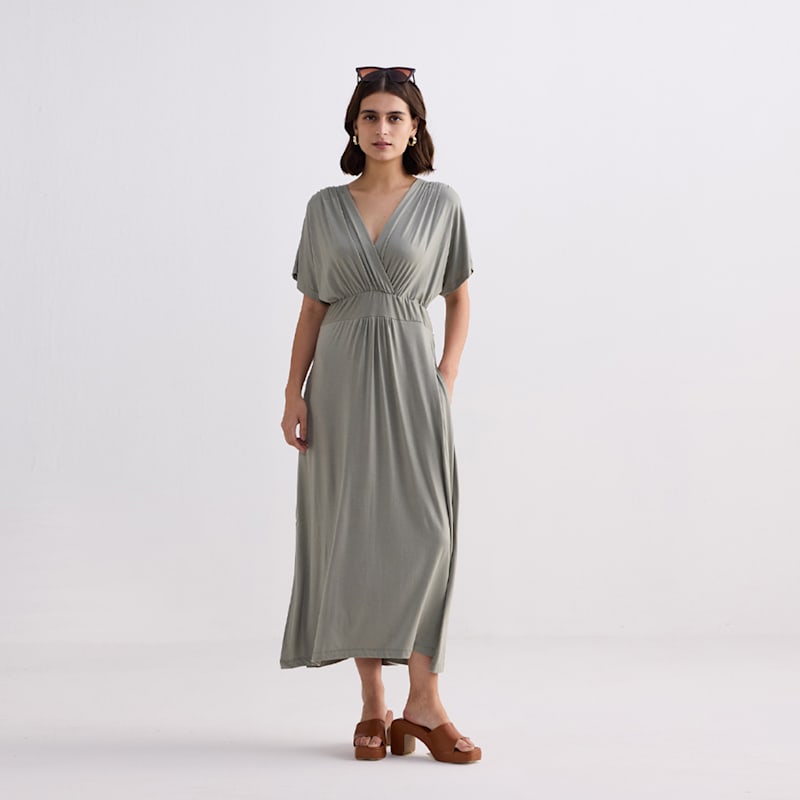 Thumbnail of Flowy A-Line Maxi Dress With Side Slits In Light Olive image