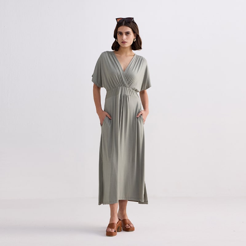 Thumbnail of Flowy A-Line Maxi Dress With Side Slits In Light Olive image