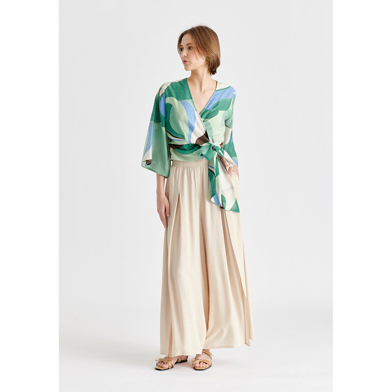 Thumbnail of Flowy Palazzo Trousers With Open Front Splits In Oatmeal image