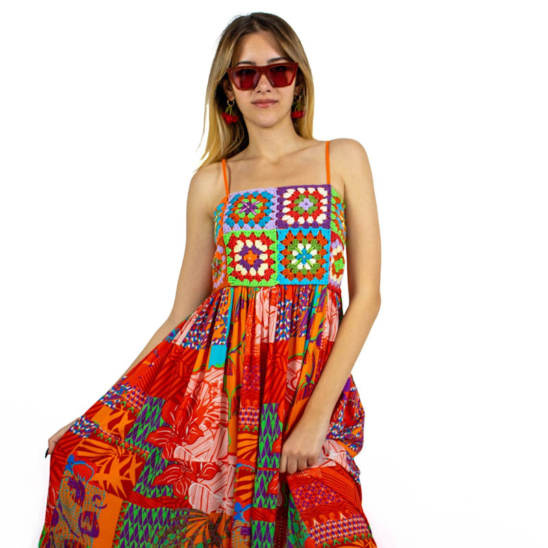 chinese dress ladies Blue and Brown Geometric Print Viscose Maxi Dress with Long Sleeves