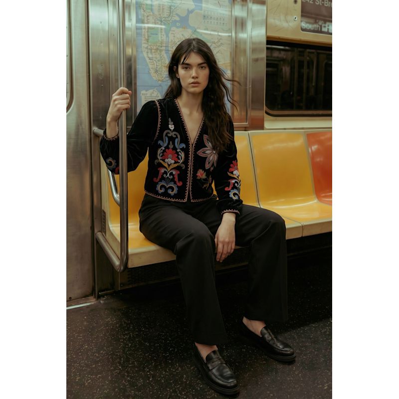 Thumbnail of Folklore Black Velvet Floral Embroidered Blazer Jacket image