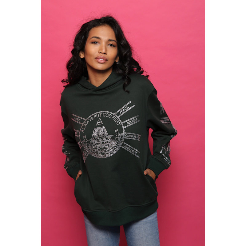 Thumbnail of God First Affirmation Hoodie With Rhinestone Design - Forest Green image