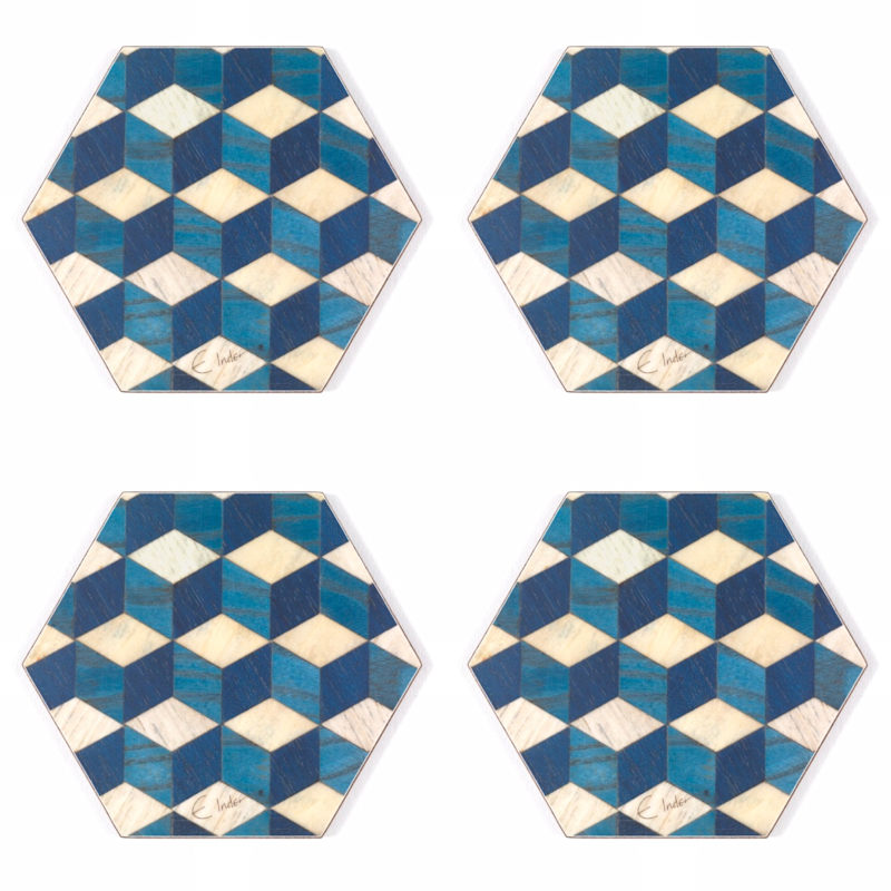 Thumbnail of Four Coaster Set In Blue And White Geometric Pattern. Heat Proof Melamine. image