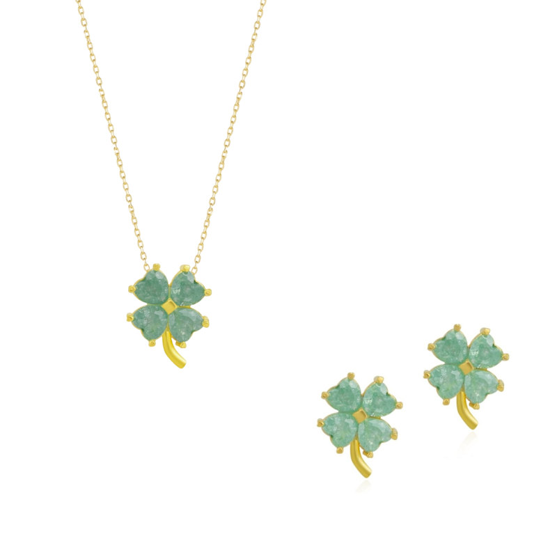 Thumbnail of Four Leaves Clover Sterling Silver Earring & Necklace Set In Green - Gold image