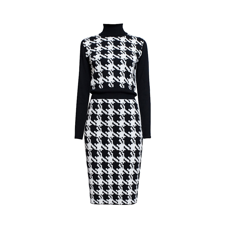 houndstooth knitted dress Mock Neck Houndstooth Sweater Dress  Black & Ivory Mini Knit Dress S